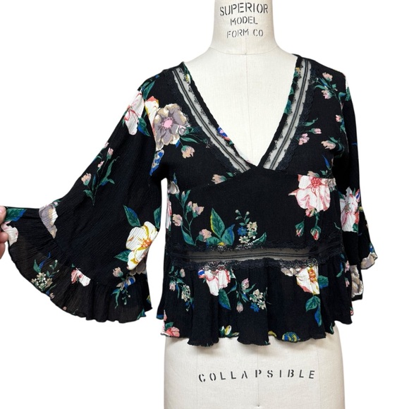 FAVLUX Tops - FAVLUX Peplum Babydoll Top Lace Trim Flare Sleeve Crop Ruffles Floral Fairy Y2K